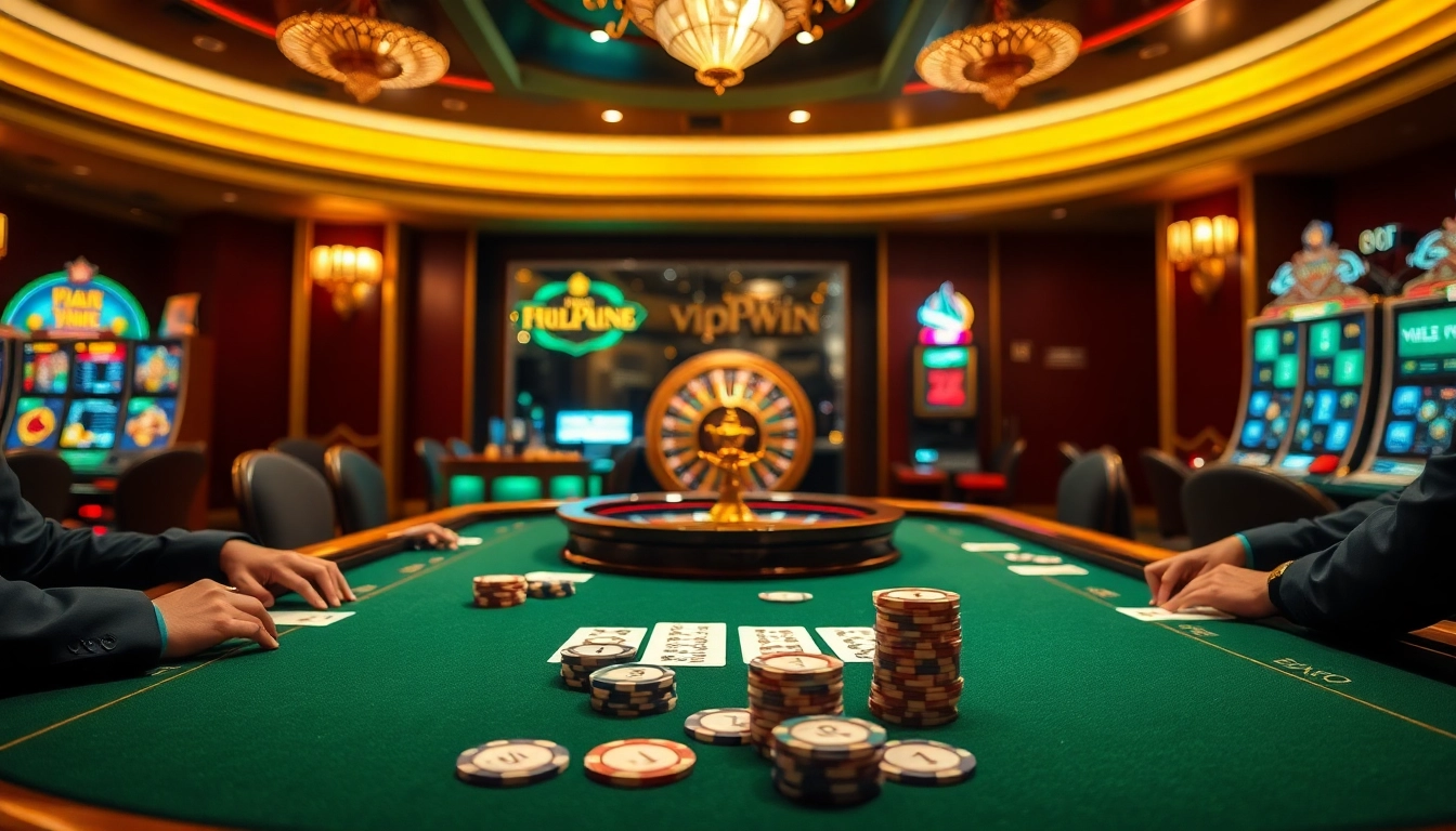 Engage in luxurious poker action at vipwin's high-stakes casino table filled with chips and cards.