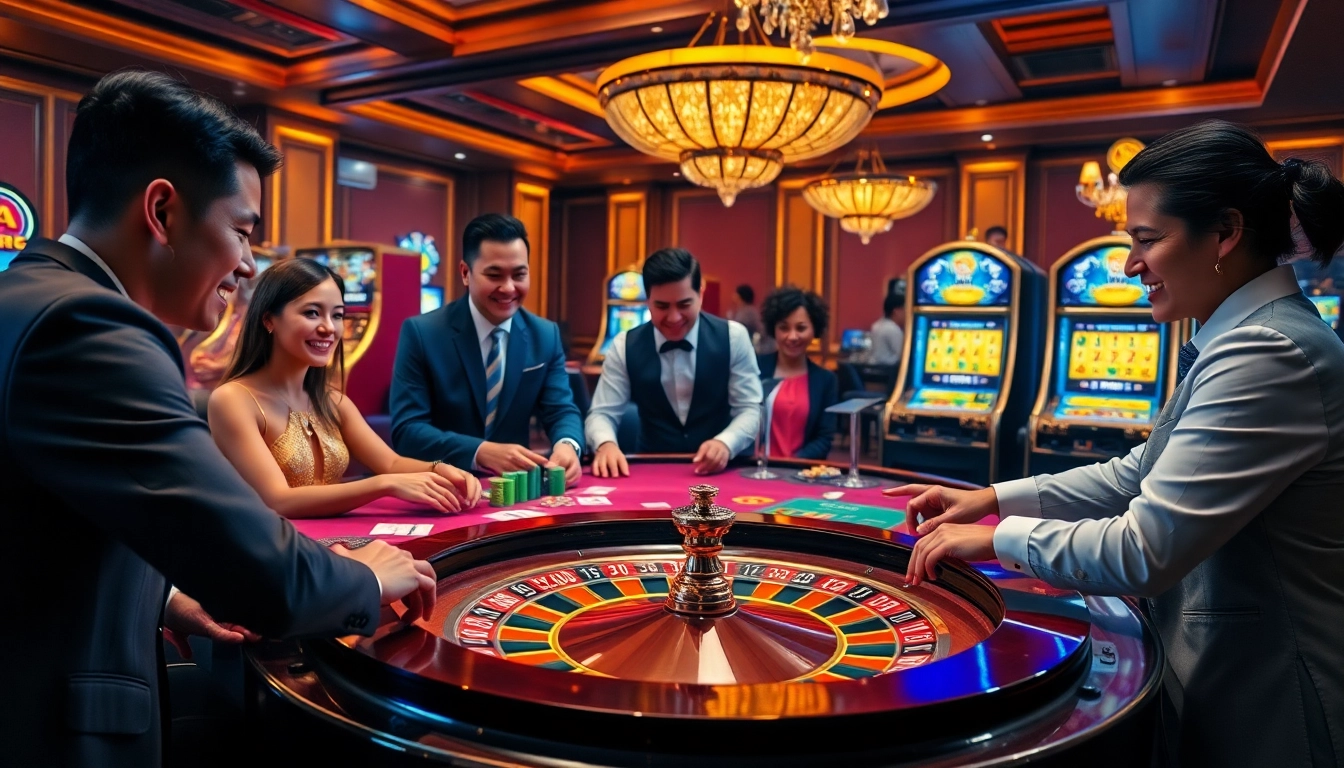 Players enjoy an exciting game at an Ee88 casino table, showcasing chips and cards.