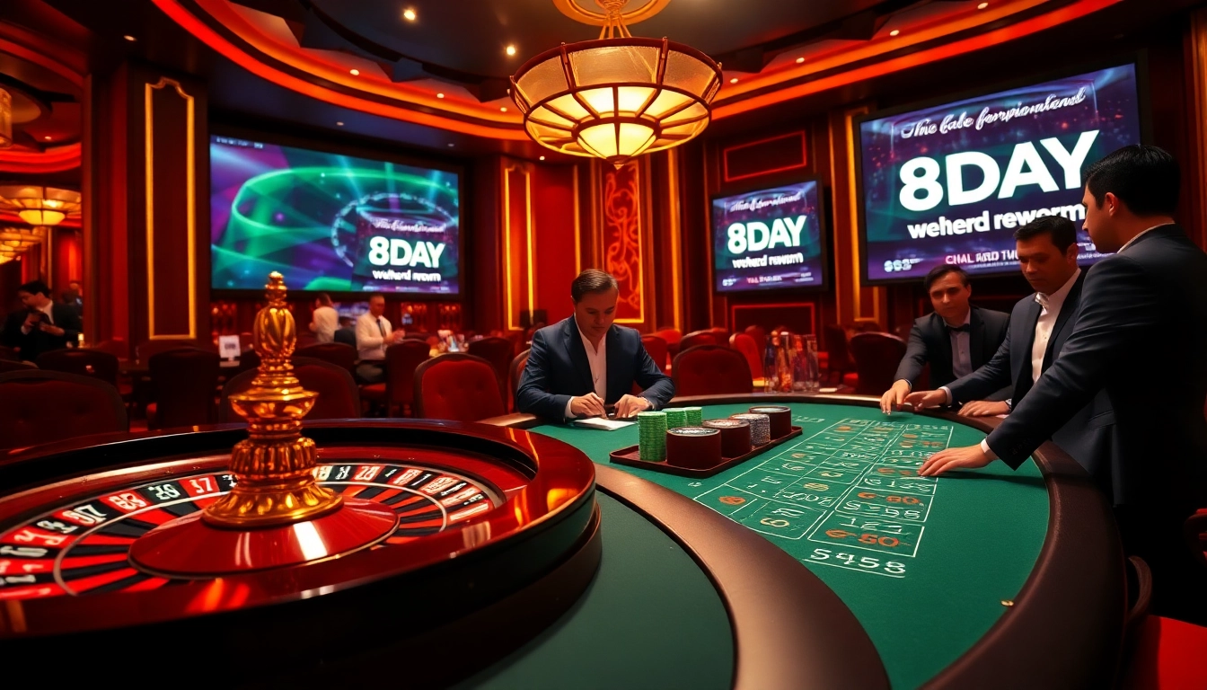 Engaging scene at a casino highlighting 8DAY promotional rewards with lively gambling action.