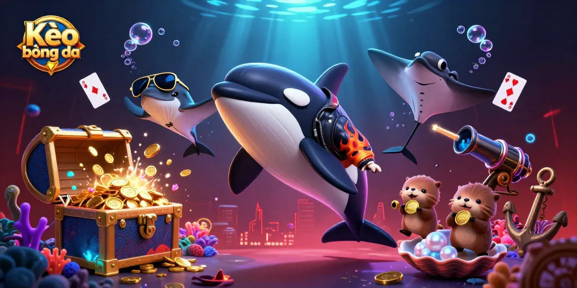 Kèo bóng đá characters diving into the world of thrilling underwater betting adventures with vibrant elements.