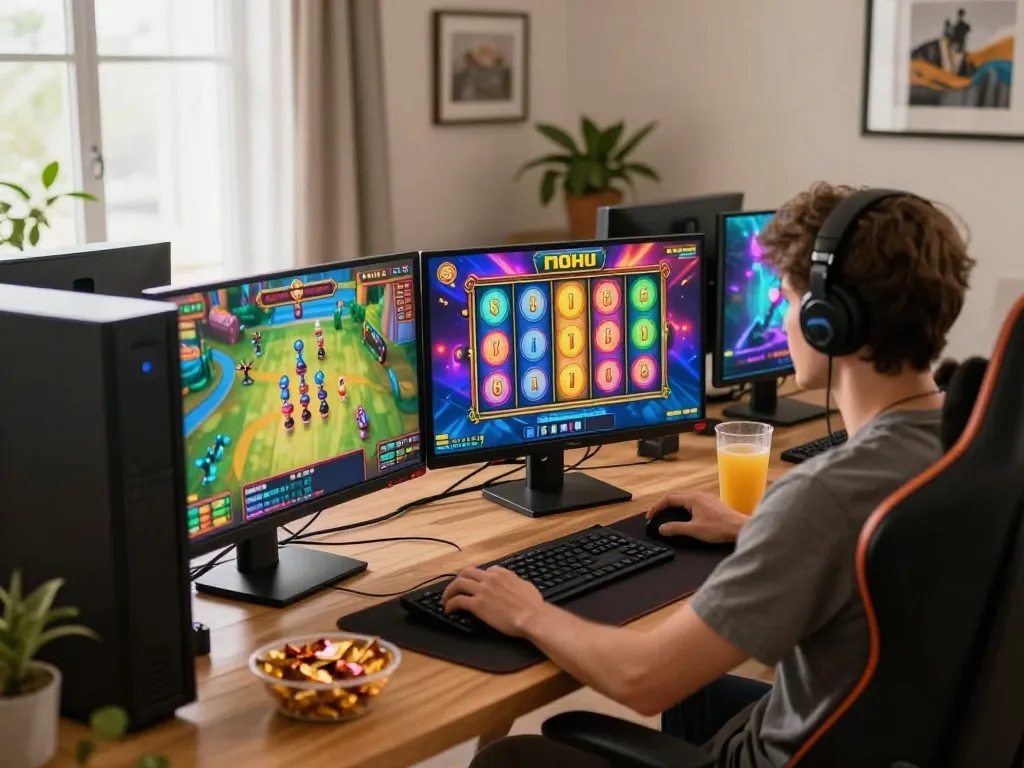 Nohu online gaming player enjoying a vibrant slot game at home, focused on strategy and fun.