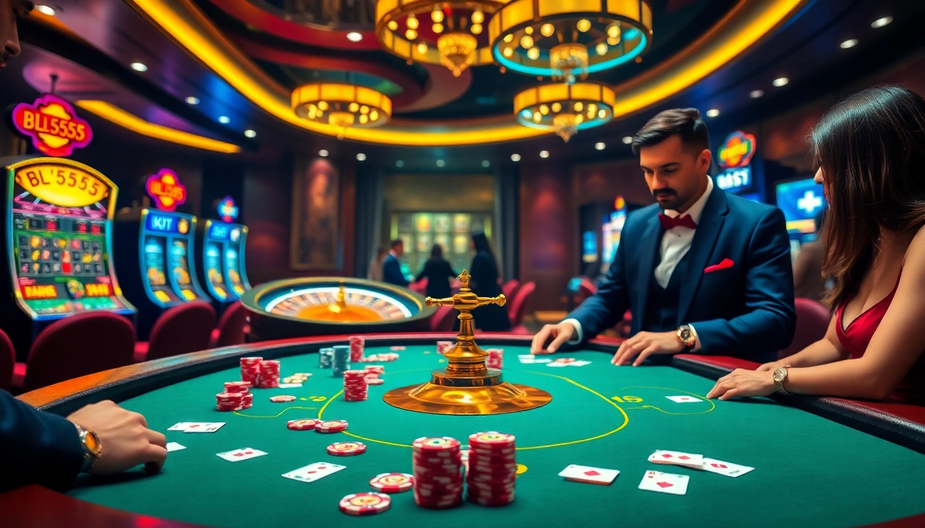 Người chơi tận hưởng một trò chơi thú vị tại bàn casino BL555 với những viên chip poker đầy màu sắc.
