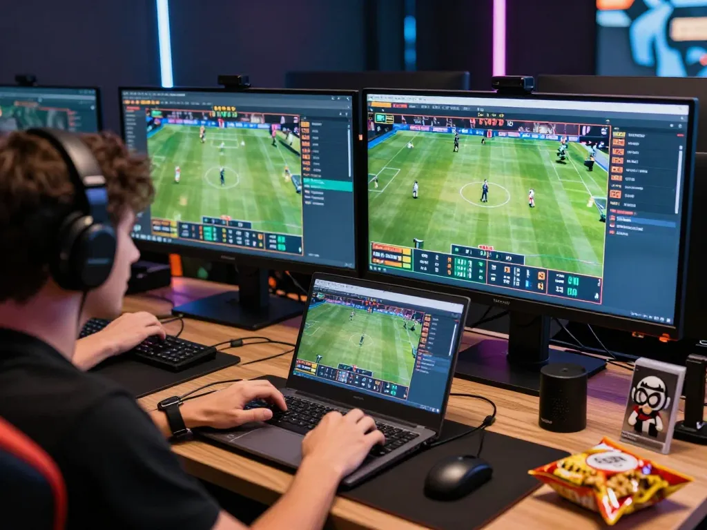 Experience sports betting with KO66 in a high-tech gaming setup, showcasing live feeds and betting excitement.