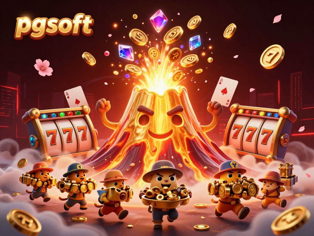 Experience the thrill of pg soft slots with an explosion of coins from a golden volcano.