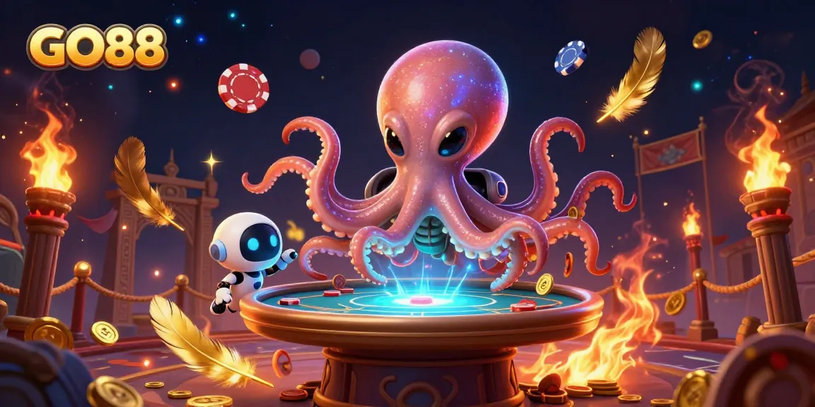 Experience the excitement of betting at GO88 with a vibrant alien octopus operating a holographic poker table.