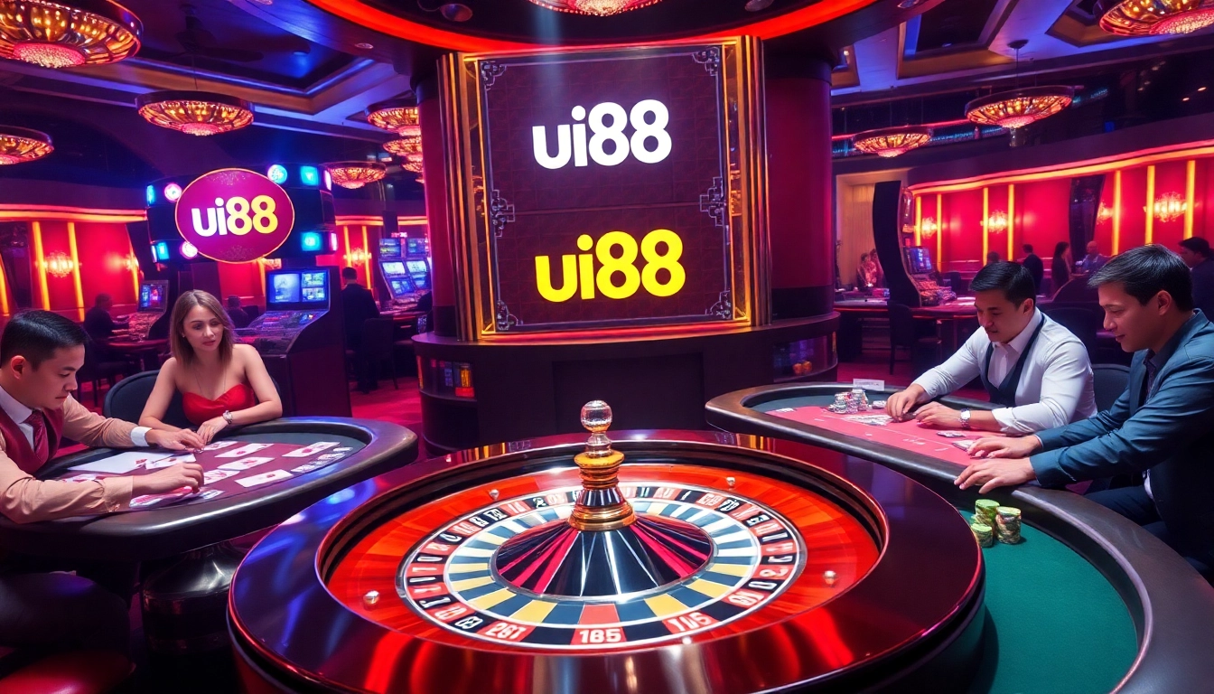 Excited gamblers playing roulette and cards at uu88 casino, showcasing vibrant gaming atmosphere.