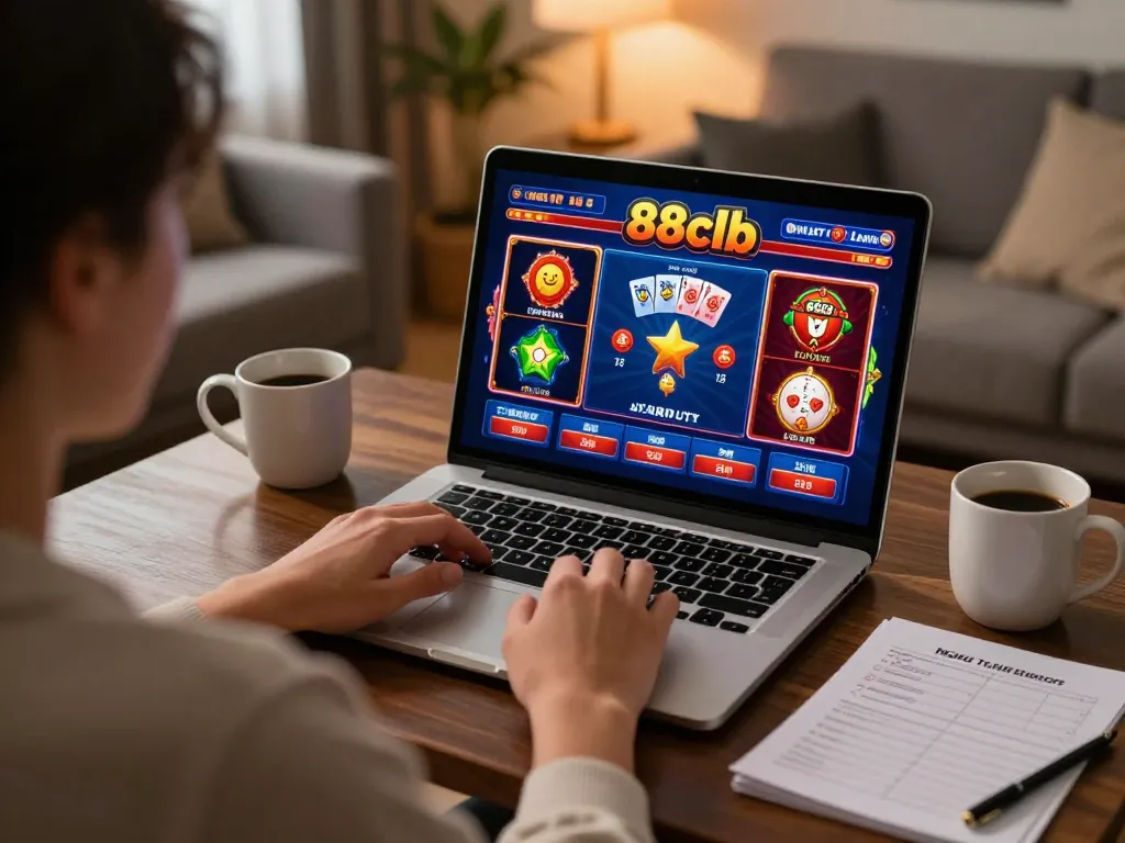 Engaged player experiencing 88clb casino games on a laptop in a cozy home setting.