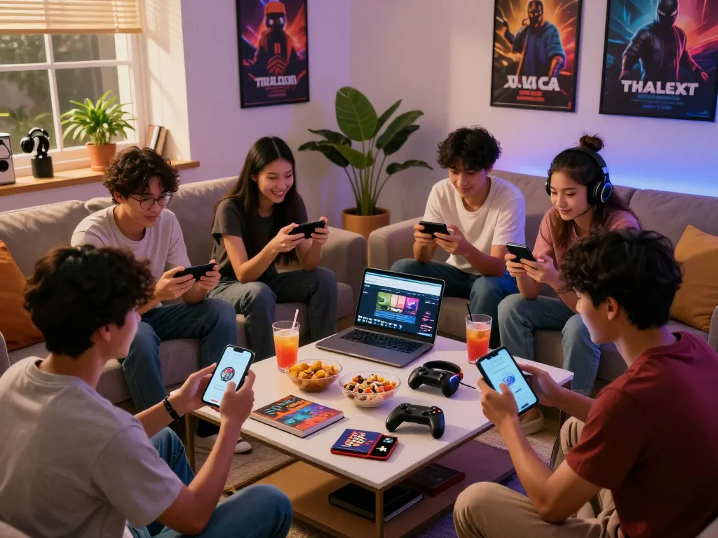 Friends enjoying gaming on trang chủ 789P with vibrant snacks and cozy atmosphere