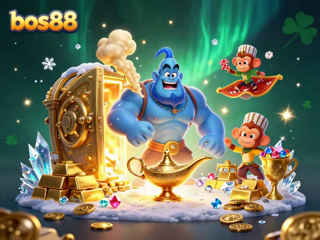 Join the magical adventure at bos88 with a vibrant casino scene featuring a genie and treasures.