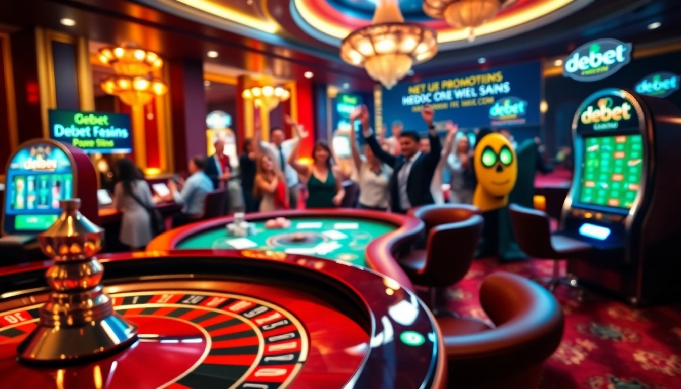 The exciting atmosphere of a casino showcasing a roulette wheel and poker table with the promotions of https://debet.br.com/ attracting gamblers.
