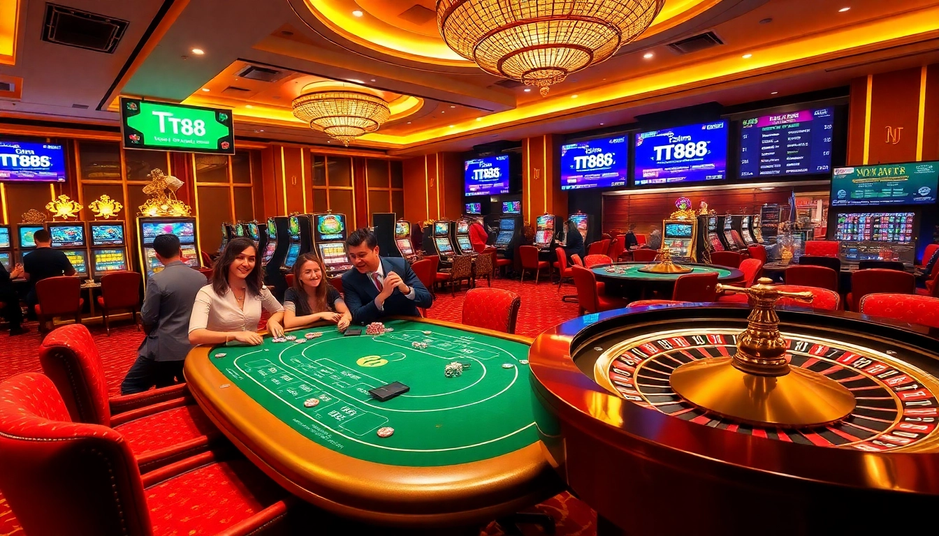 Experience TT88's captivating casino atmosphere with poker tables, vibrant slot machines, and roulette action.