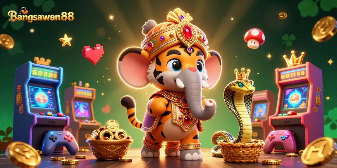Bangsawan88 showcases a vibrant scene of a maharaja and tiger in a gaming wonderland full of vibrant arcade elements.