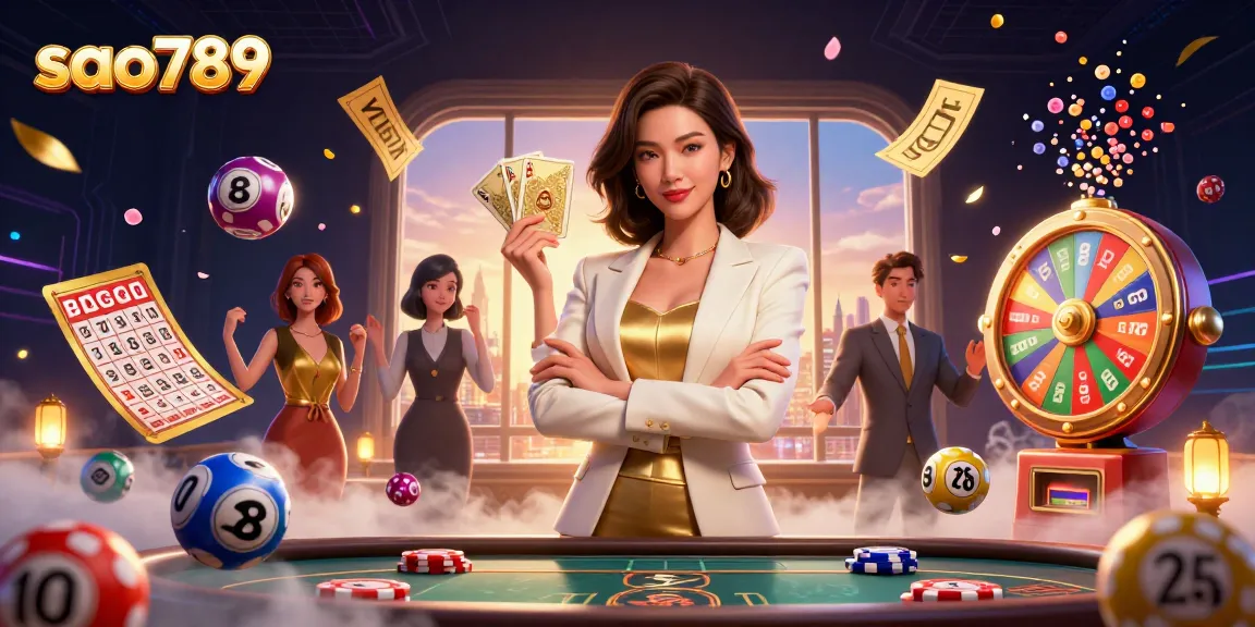 Sao789's powerful gaming experience features stunning visuals of an elegant woman with poker elements.