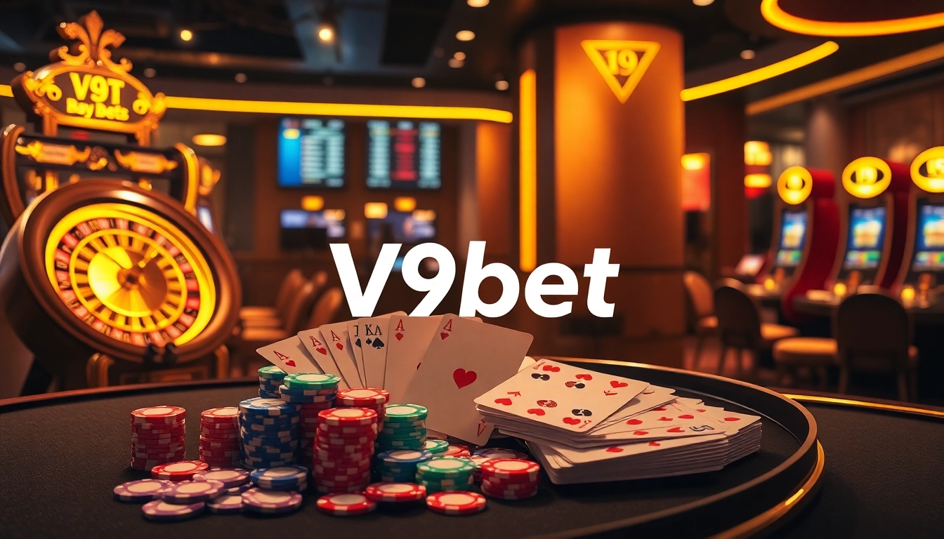 Experience V9bet’s luxurious online gambling interface with roulette and poker elements.