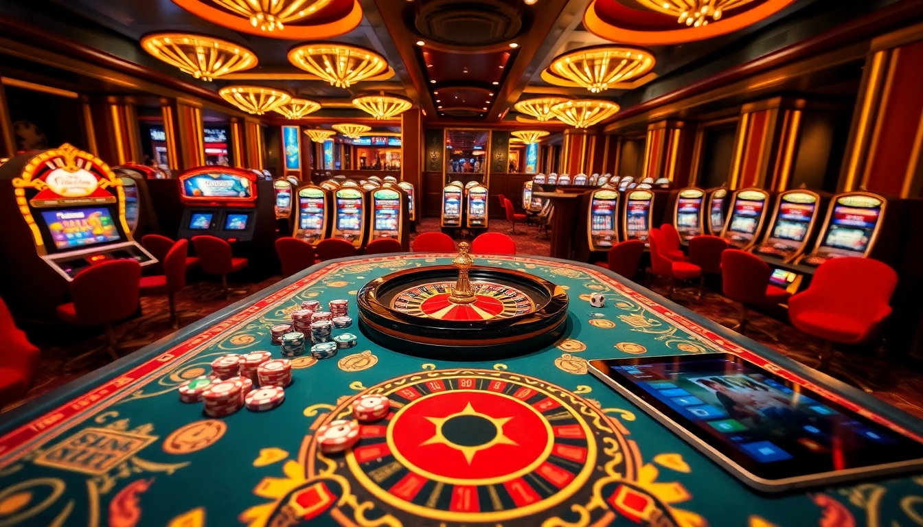 Engaging casino scene depicting mm88's vibrant gaming atmosphere with roulette and poker chips.