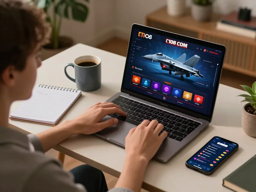 Engaging with F168 COM online casino on a laptop at home, showcasing responsible gambling.