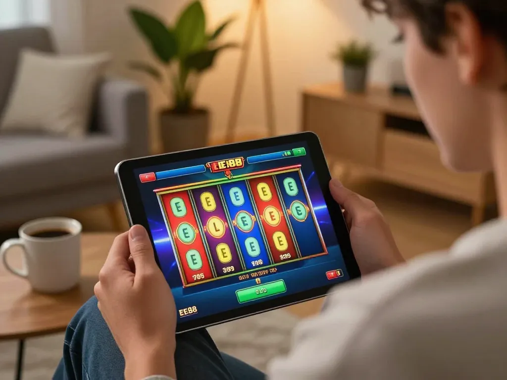 Person enjoying a slot game on EE88 app using tablet at home, relaxed and focused.