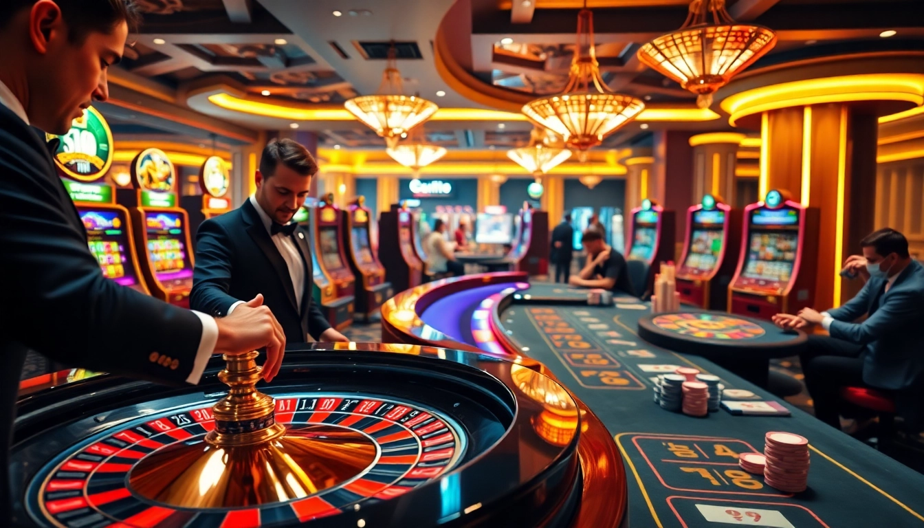 Exciting casino scene at https://nohu90vn2.com/, showcasing roulette, slot machines, and poker action.