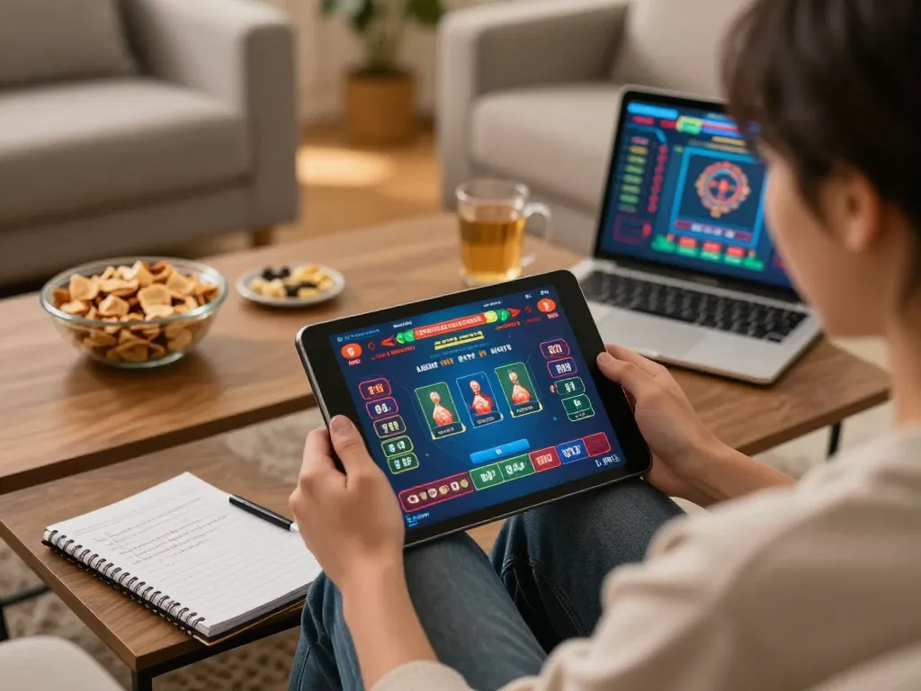 Engaging online gambling experience with FIVE88 viewed on a tablet, cozy home setup.