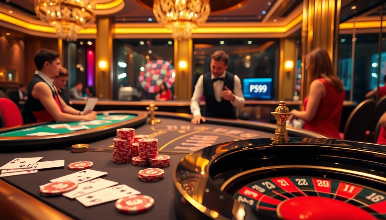 Engage with excitement at PS99 poker tables, showcasing vibrant chips and stylish dealers.
