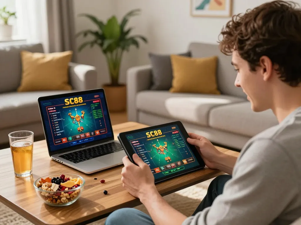 Player enjoying strategic gaming experience on SC88 app in cozy home setting with tablet and laptop