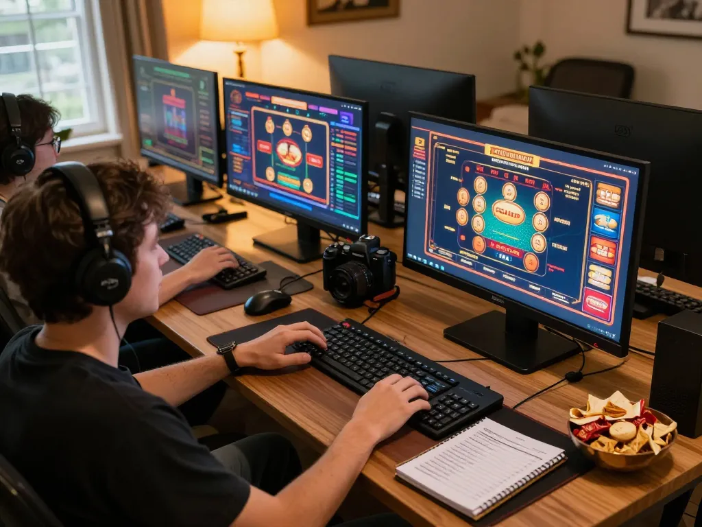 The user engages with casino games on https://lu88.jpn.com/ through multiple screens in a cozy home setup.