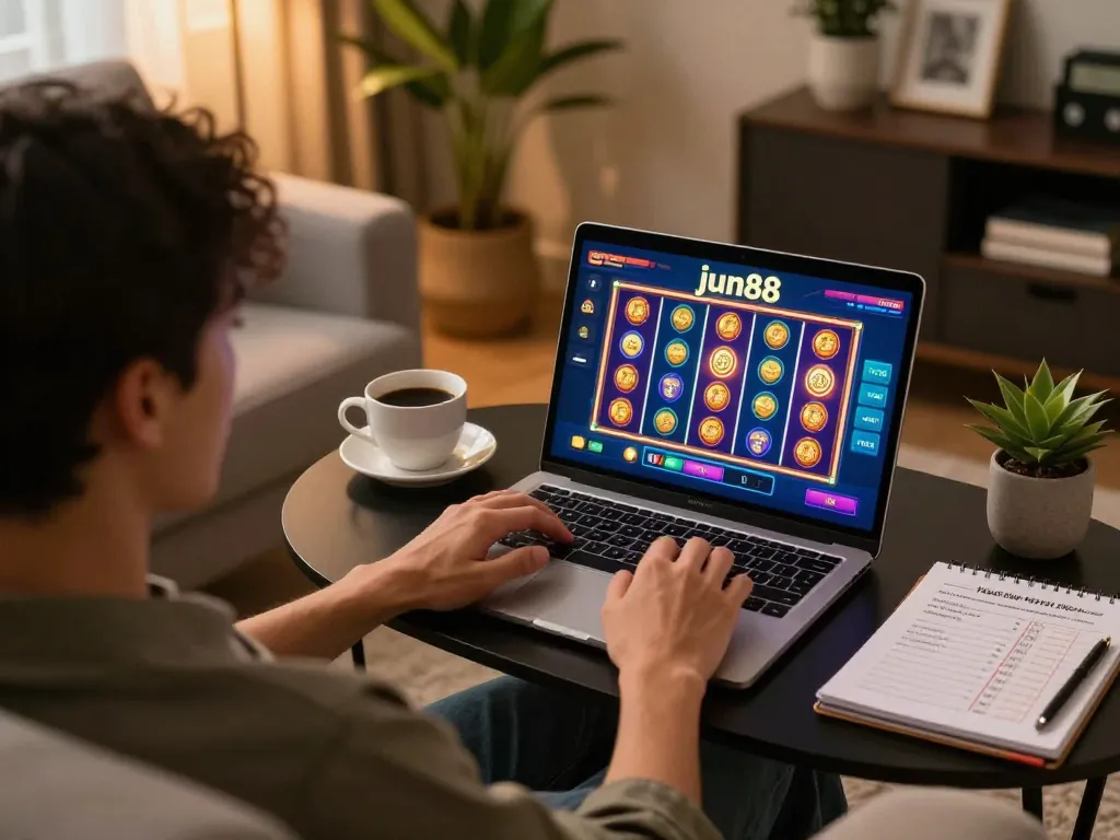 Engaging player enjoying online slots at jun88 from a cozy home setup.
