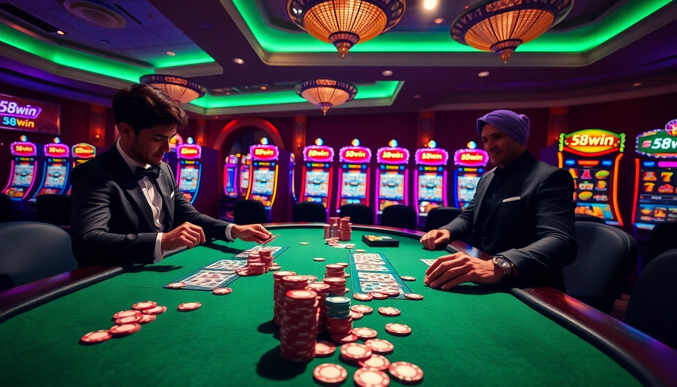 Experience thrilling gameplay at 58win's luxurious casino, featuring engaging tables and vibrant slot machines.