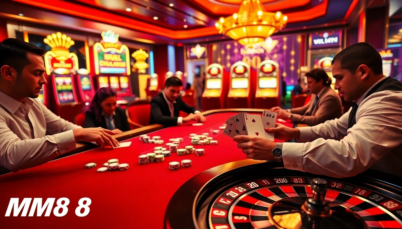 Excited players at MM88 poker table, engaging in high-stakes game amidst vibrant casino lights.