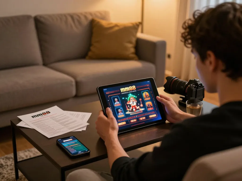 Engaged player using mm88 app on tablet from home, showcasing online casino excitement.