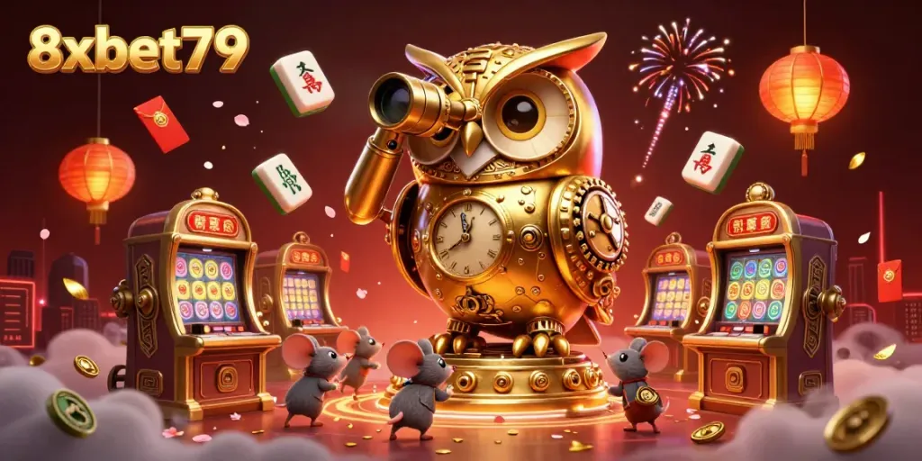 Explore the vibrant casino world of 8xbet79 with a golden owl watching over slot machines and wind-up mice.