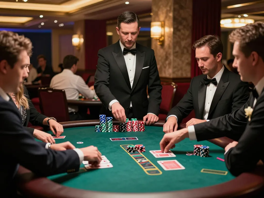 uk88 players making strategic bets at a blackjack table in a luxurious casino setting