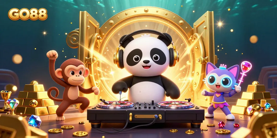 Experience the excitement of GO88 with a vibrant 3D scene featuring a DJ panda and lively characters in a dynamic casino atmosphere.