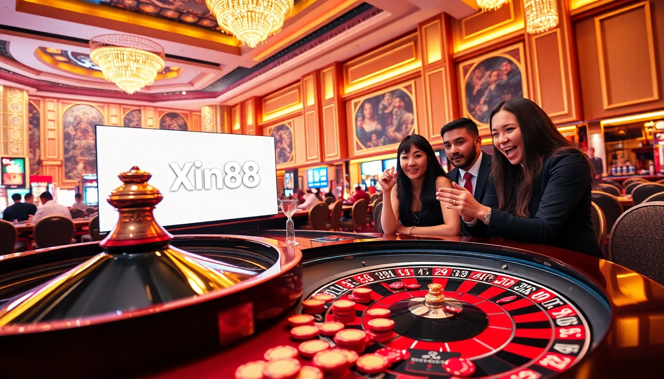 Exciting scene of gamblers at Xin88's luxurious casino table with poker chips and roulette.