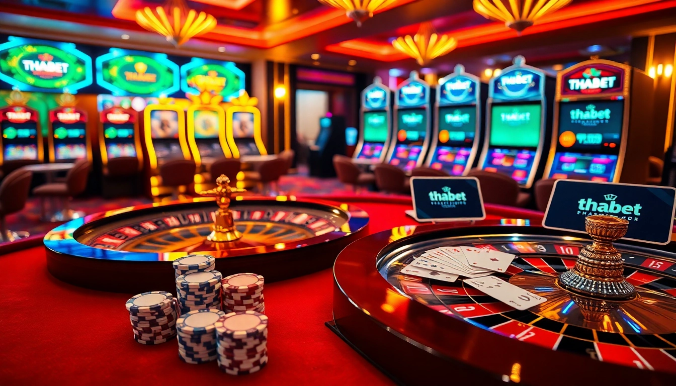 Engage with the THABET link at a premium casino table filled with poker chips and cards.