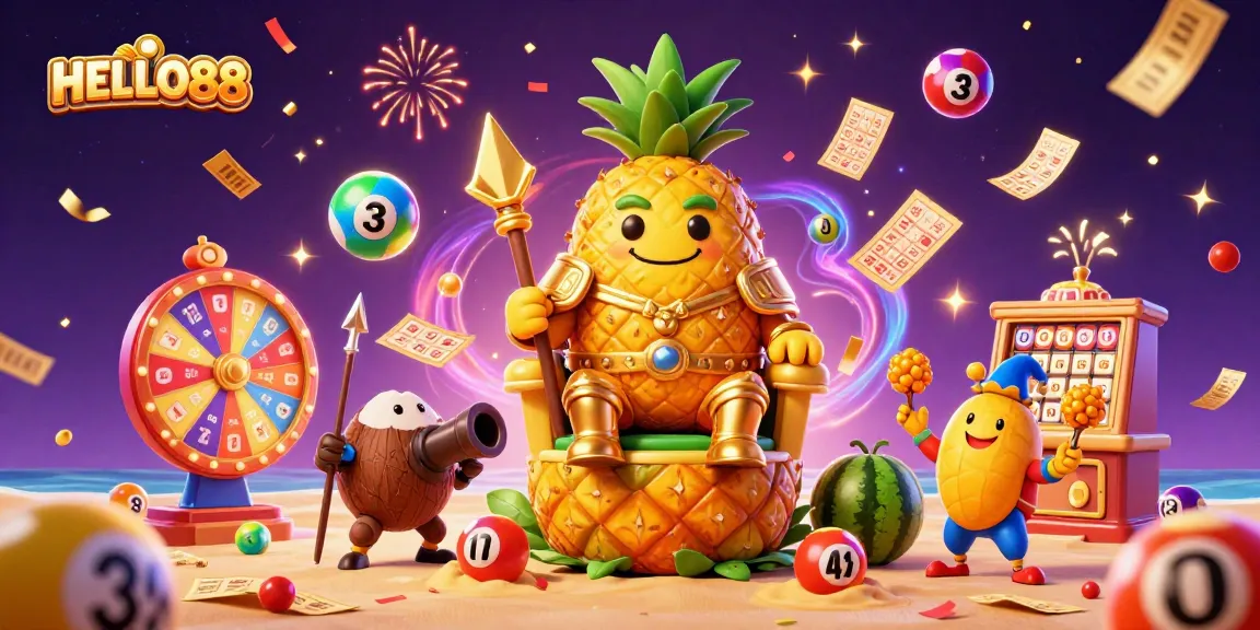 Win big at HELLO88 with vibrant 3D illustration showcasing a pineapple king and exciting casino games.