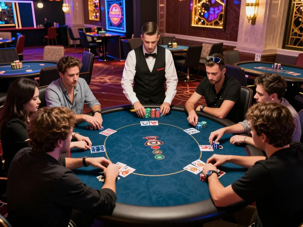58win poker players strategizing with chips during a high-stakes game at a luxurious casino.