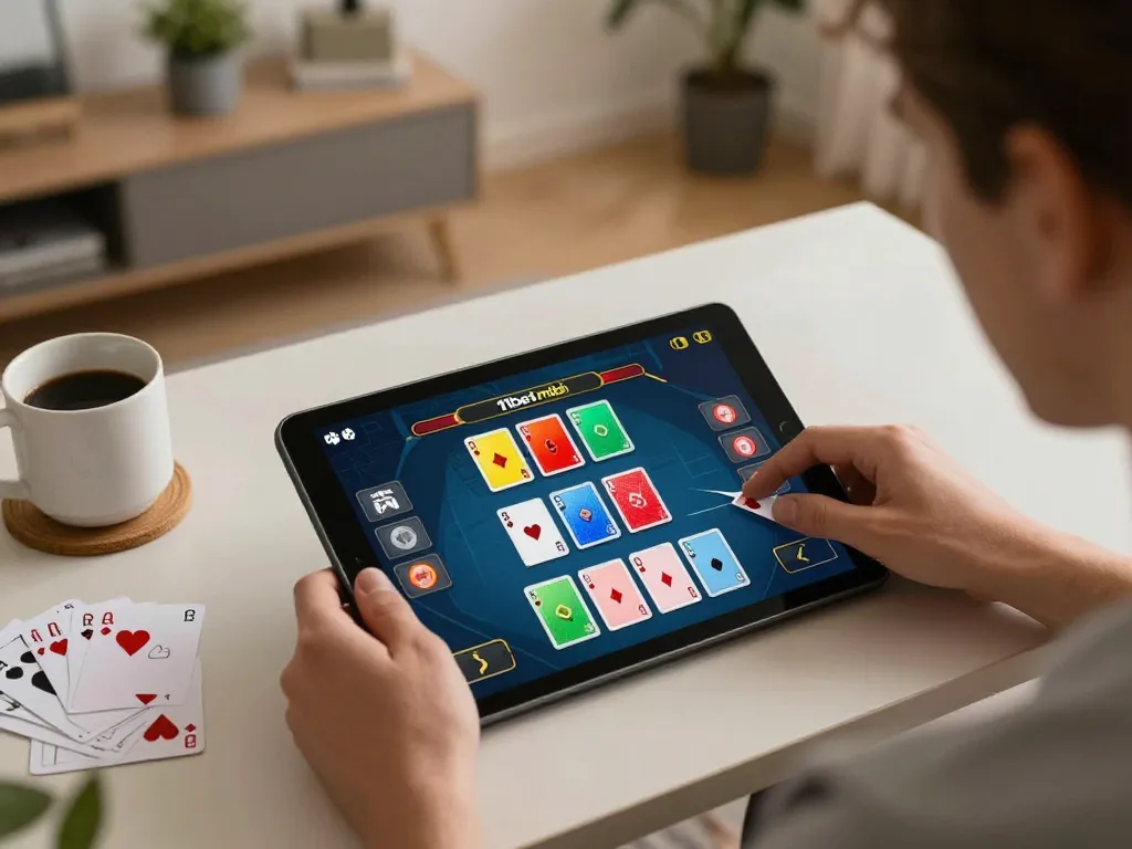Player using 11betmobi tablet for online poker strategy in a cozy home setting.