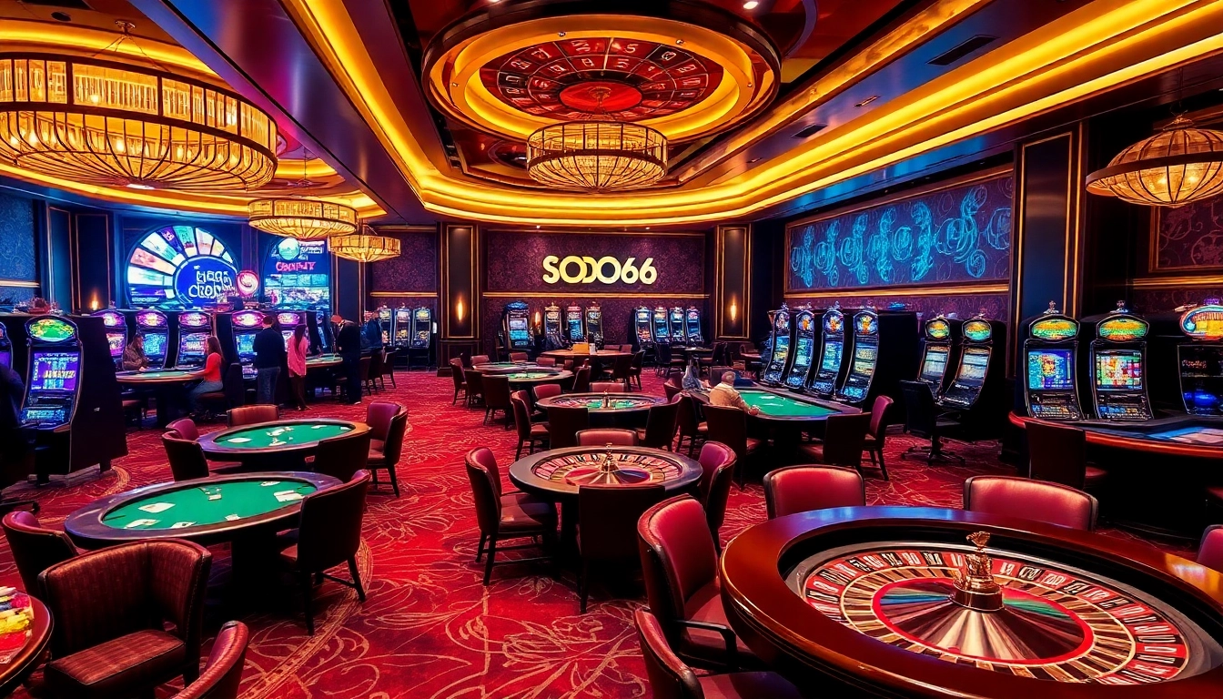 SODO66 casino scene with players at poker tables and vibrant slot machines.
