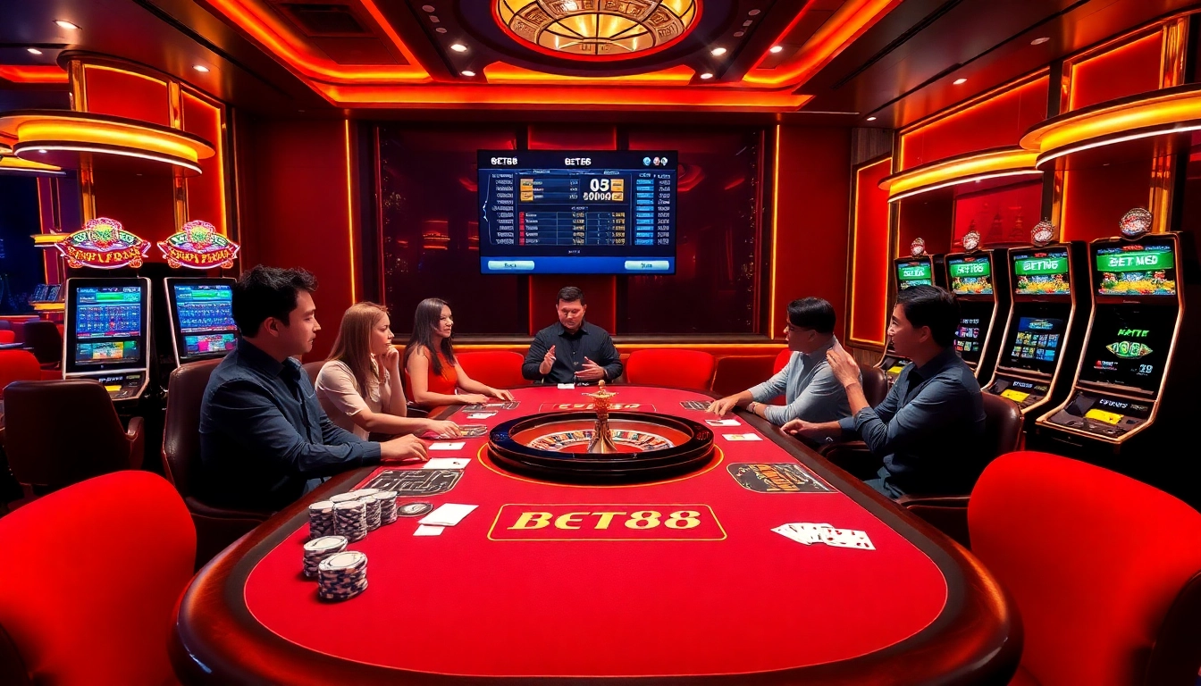 Engaged players enjoying a thrilling BET88 casino experience with poker and roulette.