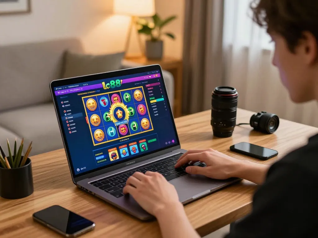 A person explores exciting lc88 online casino games on a laptop in a cozy home setting.