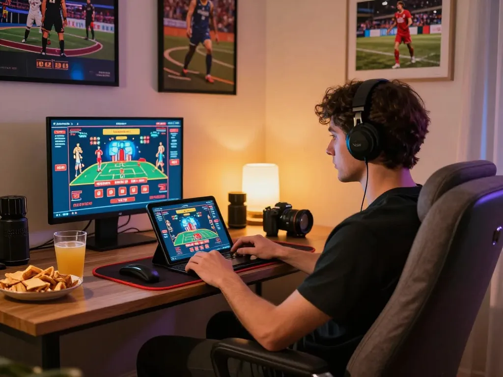 gbong user enjoys interactive online gambling session with laptop and tablet in cozy home setting