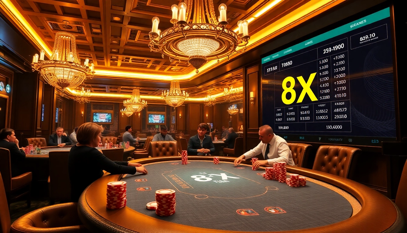 Engage in high-stakes poker at an 8XX casino table, featuring luxurious ambiance and vibrant chips.