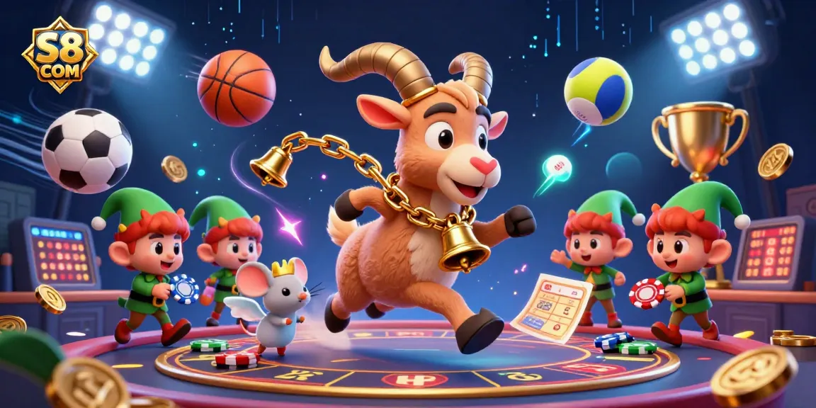 S8 COM showcases a festive sports betting scene with Krampus, an angel mouse, and elf gremlins amidst chaos and excitement.