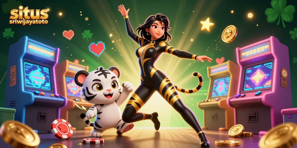 Engage with situs sriwijayatoto in a vibrant casino-themed 3D scene featuring a dynamic acrobatic woman and a playful baby tiger.