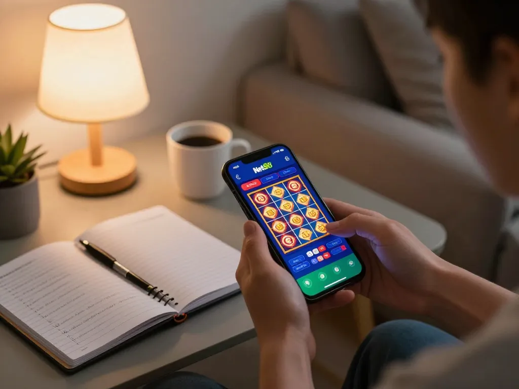 Player engaging with the Net88 app for mobile gambling from a cozy home environment.