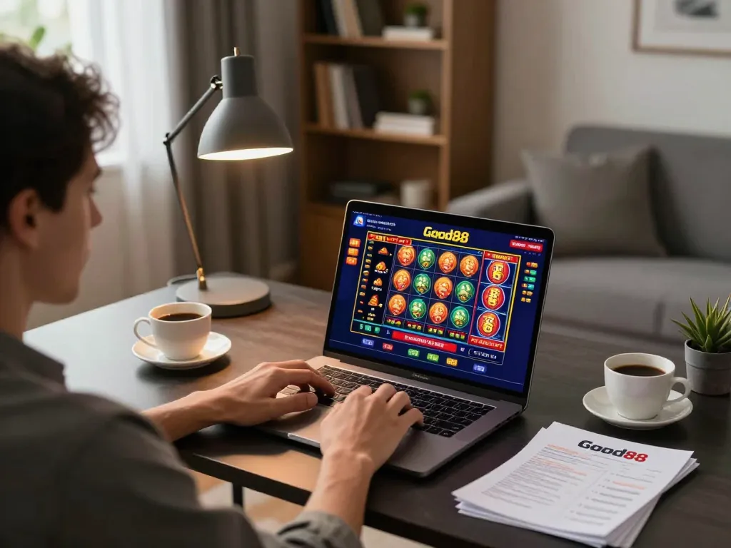 Engaged player using Good88 platform for online casino gaming on a laptop in a cozy home office.