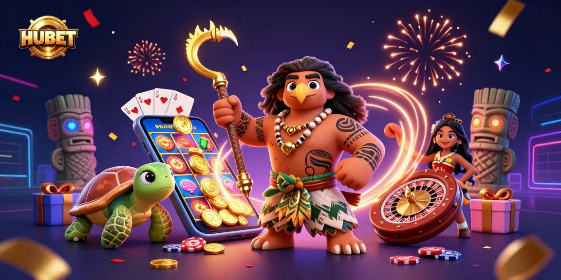 HUBET showcases an action-packed scene featuring vibrant casino elements and a Polynesian demigod hawk.