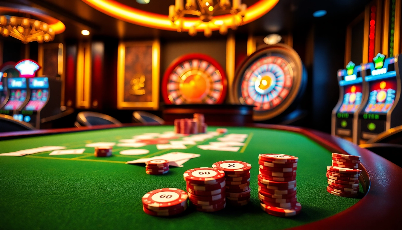 Players engaging in high-stakes poker, vibrant hb88 poker chips in focus, creating an exciting casino atmosphere.