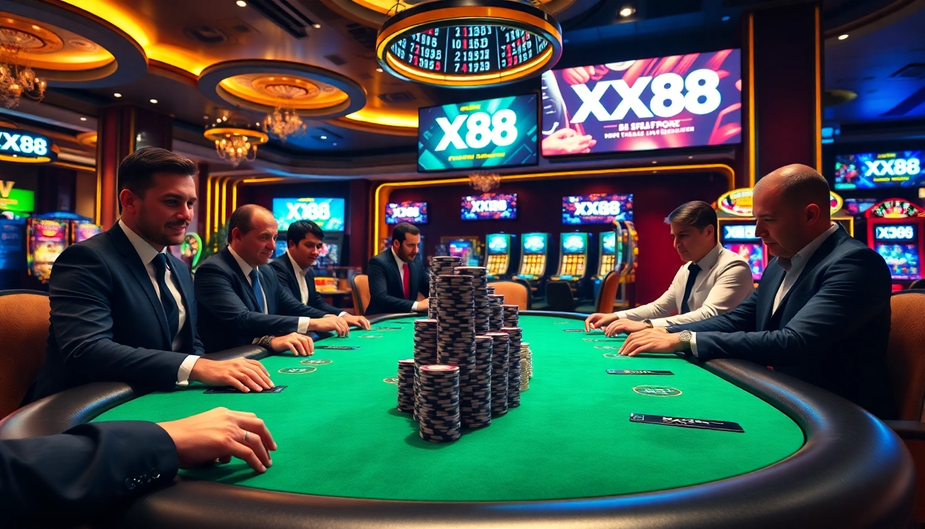 Players enjoy a thrilling poker game at XX88, showcasing excitement and skill in a luxurious casino setting.